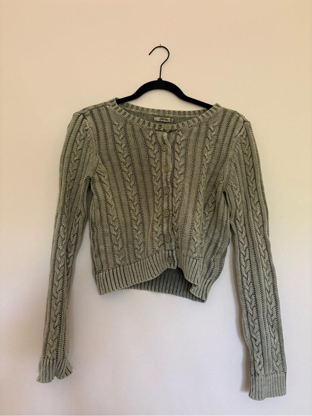 American Eagle Outfitters Sage Green Cable-Knit Button-Up Cardigan